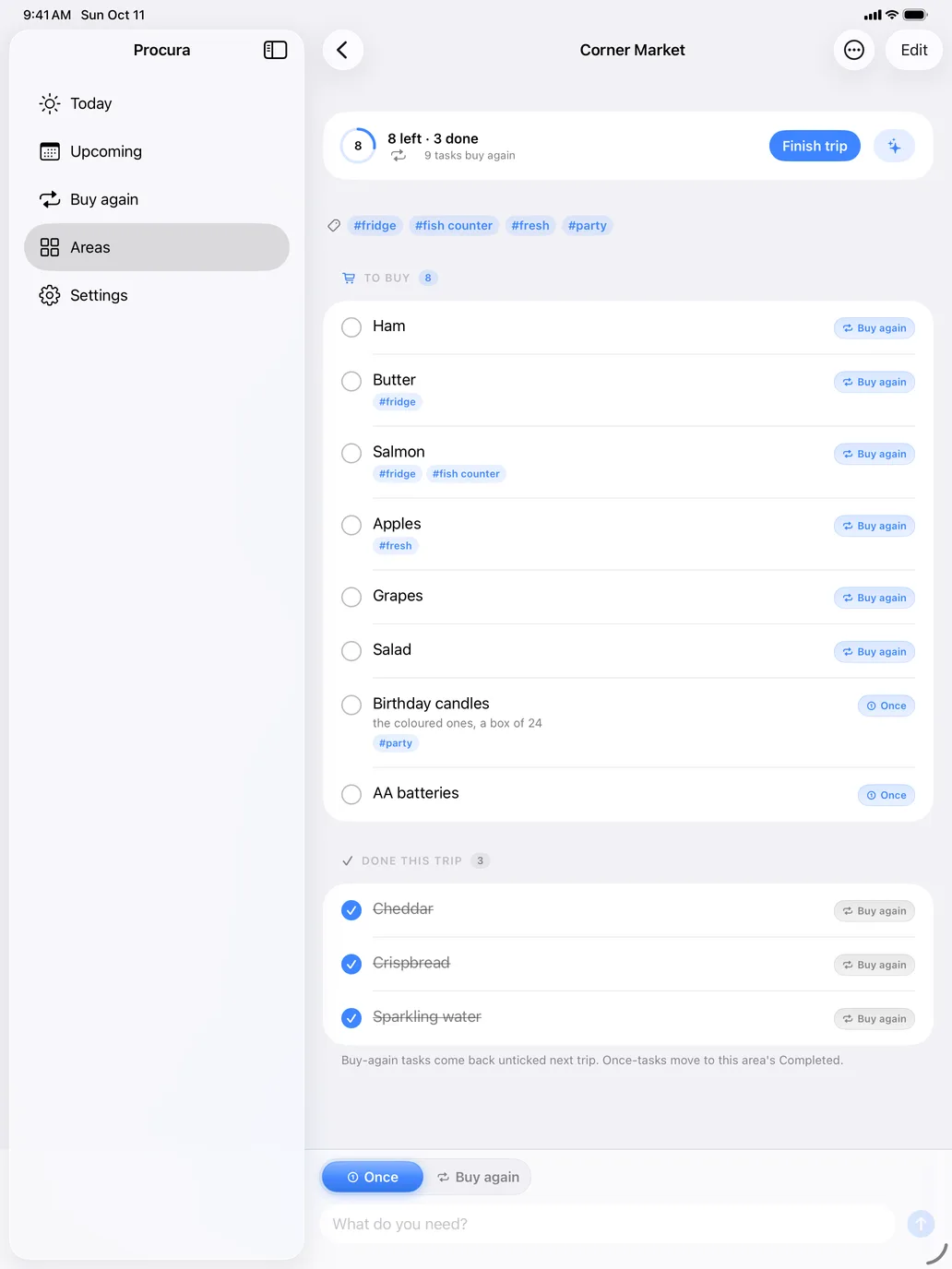An area open mid-trip: tasks still to get, some marked Buy again, and the ones already done.