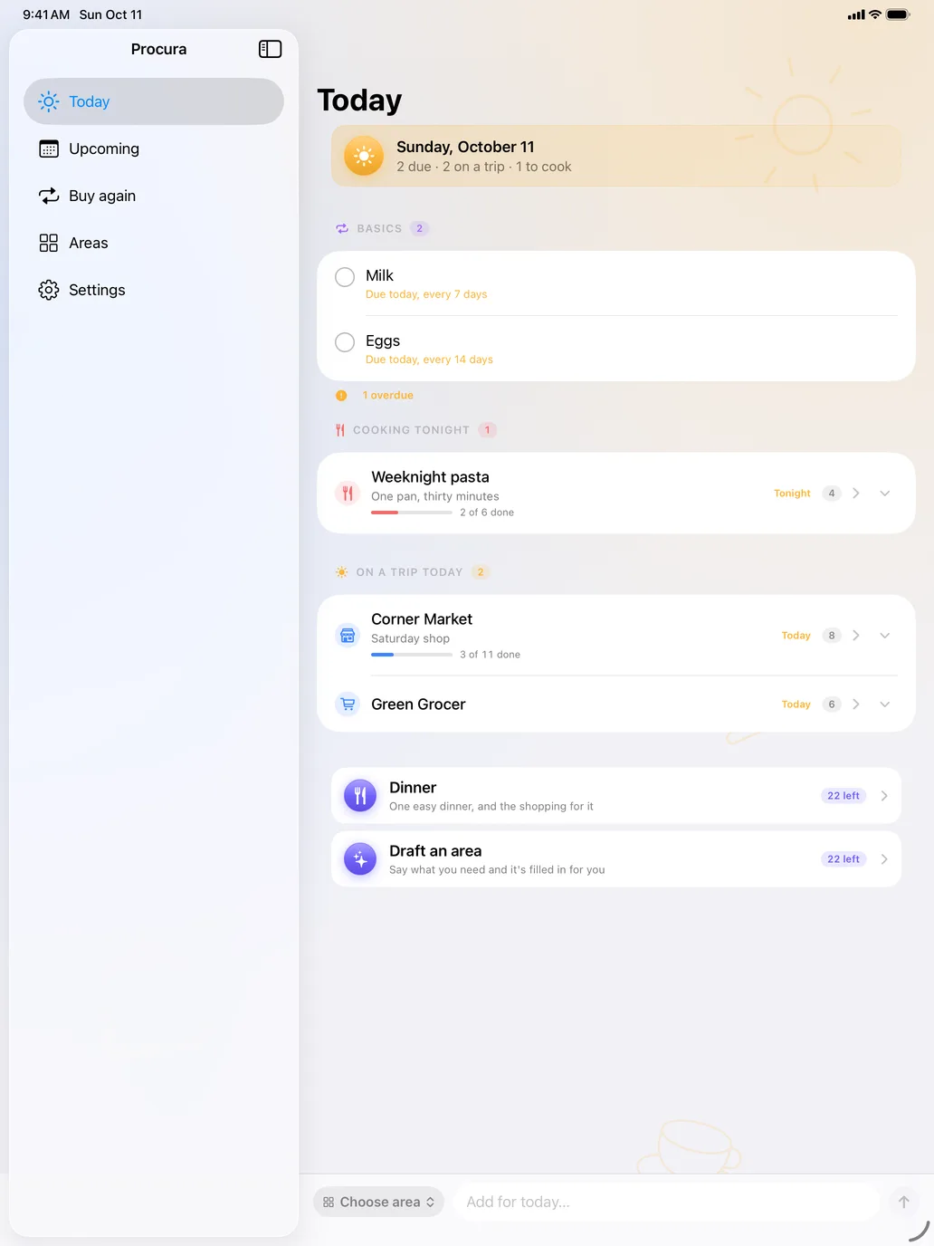 The Today screen: tasks due today from every area, above the areas on a trip today.