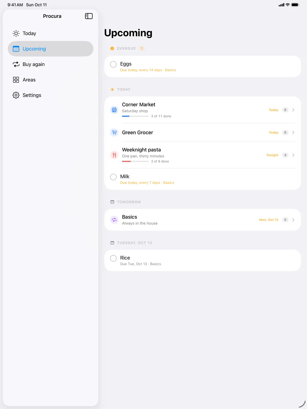 The Upcoming screen: the next two weeks by day, with the tasks and trips planned for each.