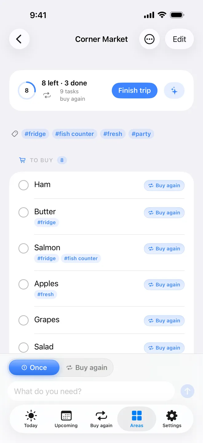 An area open mid-trip: tasks still to get, some marked Buy again, and the ones already done.