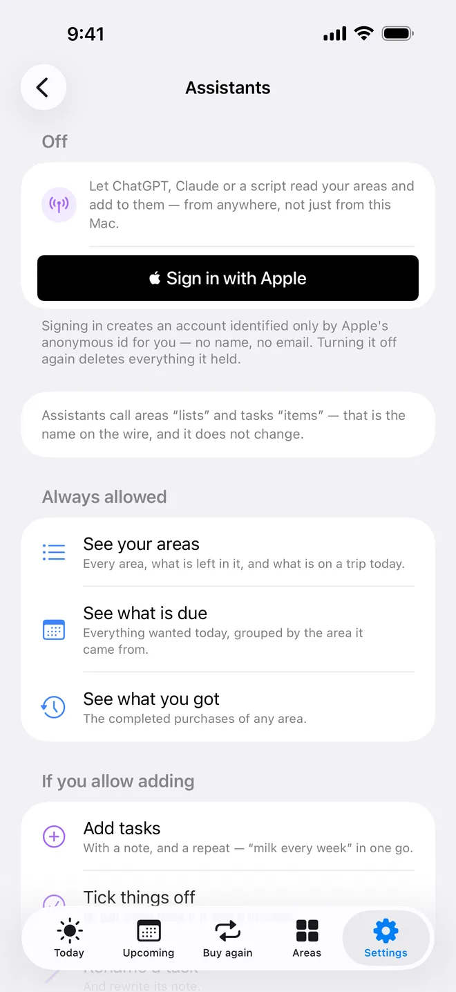 The Assistants screen: connecting ChatGPT or Claude, with what they may read, add and delete.