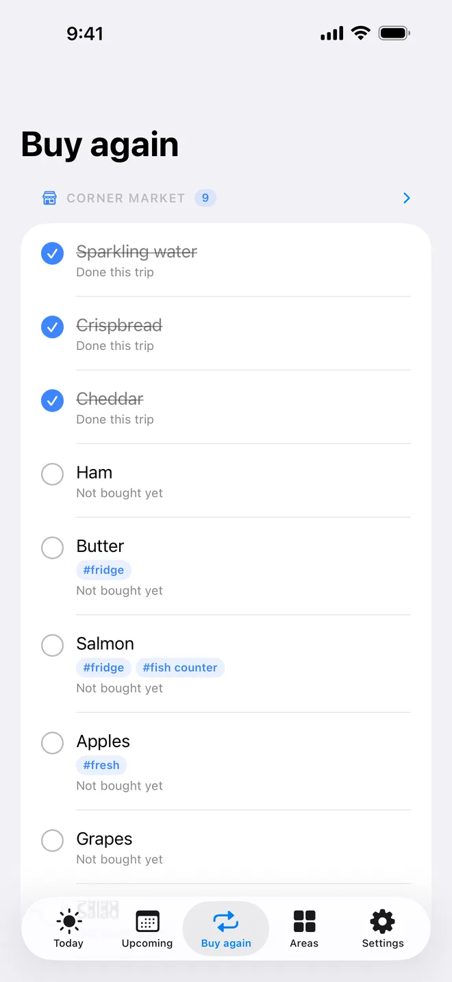 The Buy again screen: everything you get every trip, by area, with when you last got it.