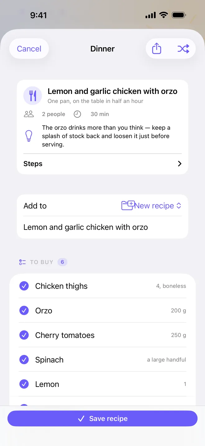 The Dinner preview: a recipe card above the tasks the dinner needs.