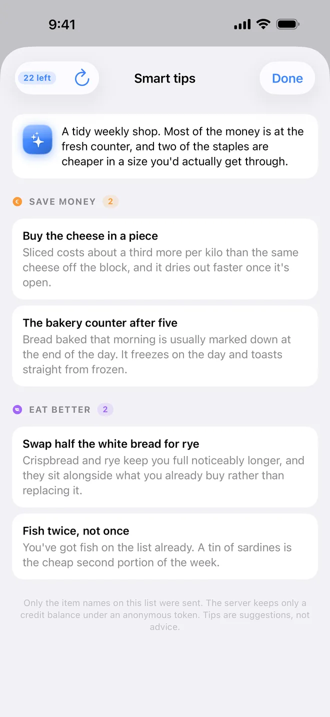 The tips sheet on iPhone, with a money section and a nutrition section.