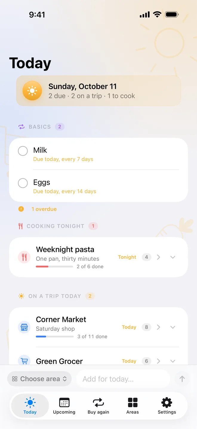 The Today screen: tasks due today from every area, above the areas on a trip today.