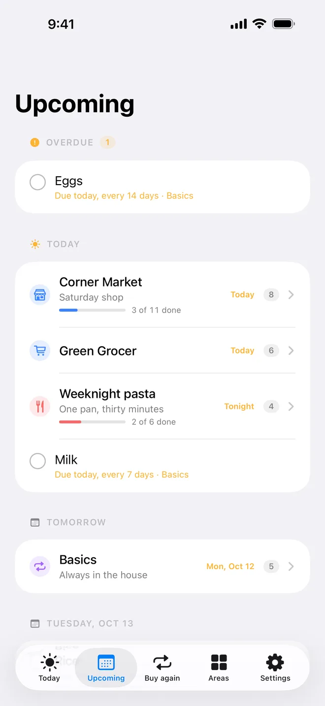 The Upcoming screen: the next two weeks by day, with the tasks and trips planned for each.