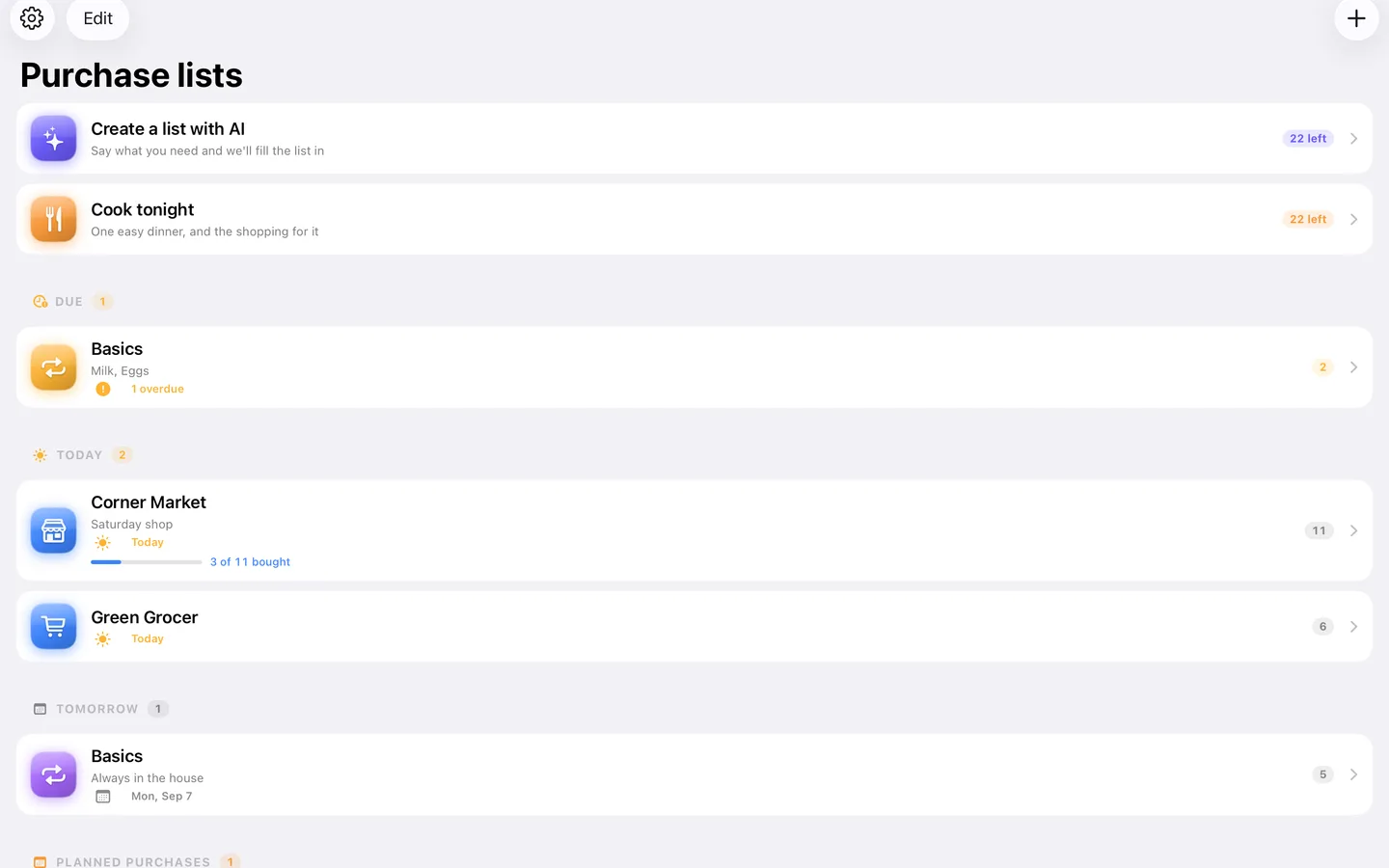 The app on a Mac, with the list sidebar on the left and one list open on the right.